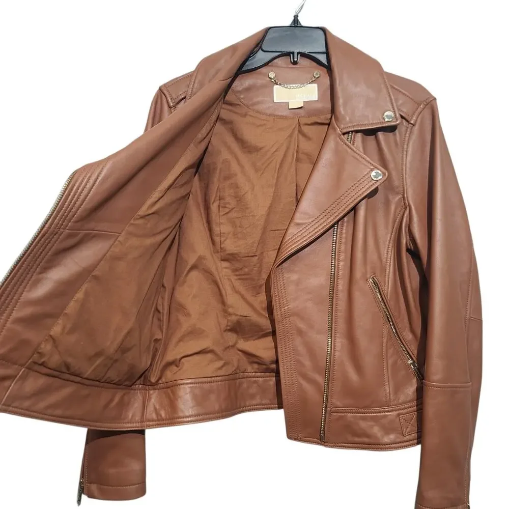 MICHAEL Michael Kors Cognac Leather Moto Jacket Asymmetric Zip Biker Coat L XL